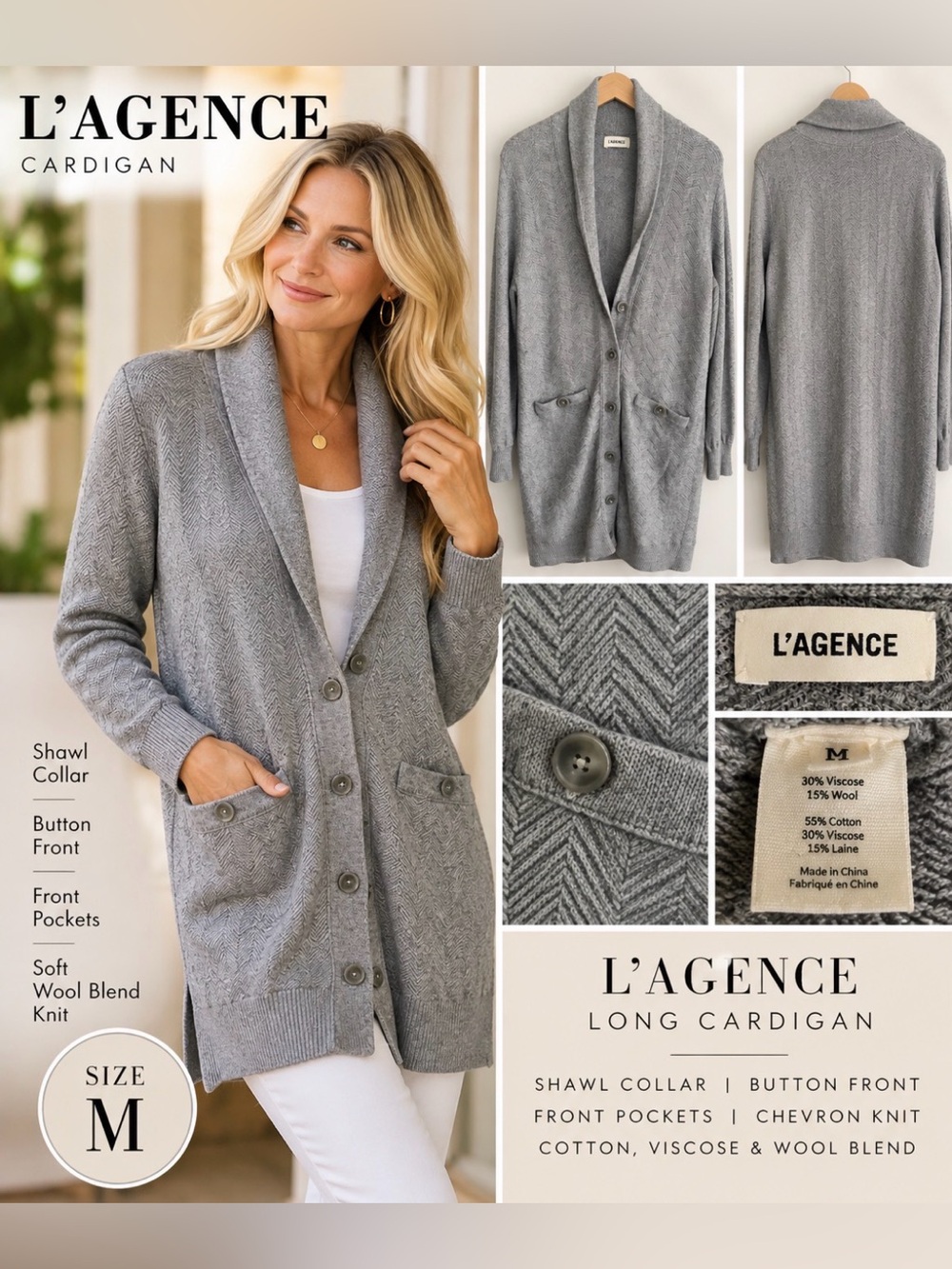 L'AGENCE Gray Shawl-Collar Button-Front Long Cardigan size M